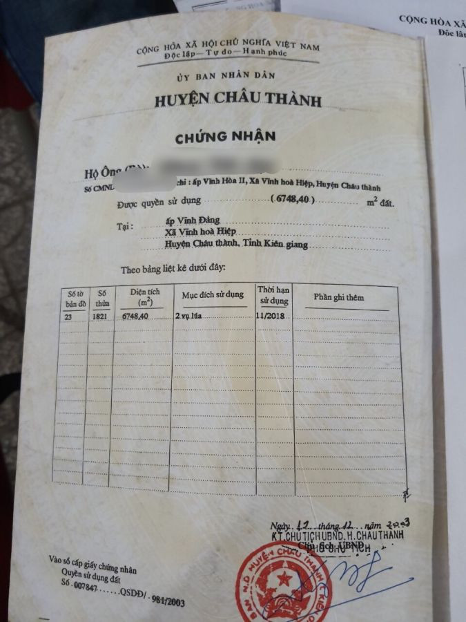 Cần bán đất tại xã Vĩnh Hoà Hiệp, huyện Châu Thành - Kiên Giang